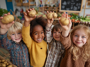Vier Kinder stehen nebeneinander in einer Kita und halten lachend Kartoffeln in die Kamera. Im Hintergrund ist noch mehr Gemüse im Kindergarten zu sehen. Das Bild wurde mit KI generiert.